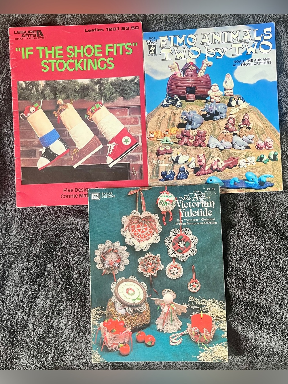 Vintage Craft Booklet Lot: Fimo Animals, Victorian Yuletide, and Stockings
